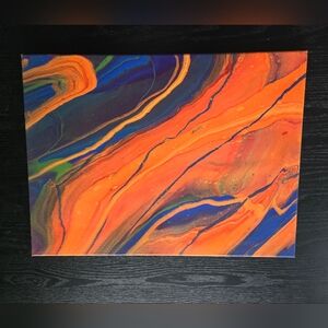 Fluid Art Artisan Handmade Acrylic painting 18"×24" Orange Red Yellow Blue Green